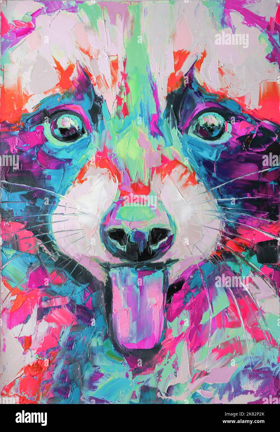 Abstract Raccoon Oil raccoon portrait painting in multicolored tones. Conceptual ...