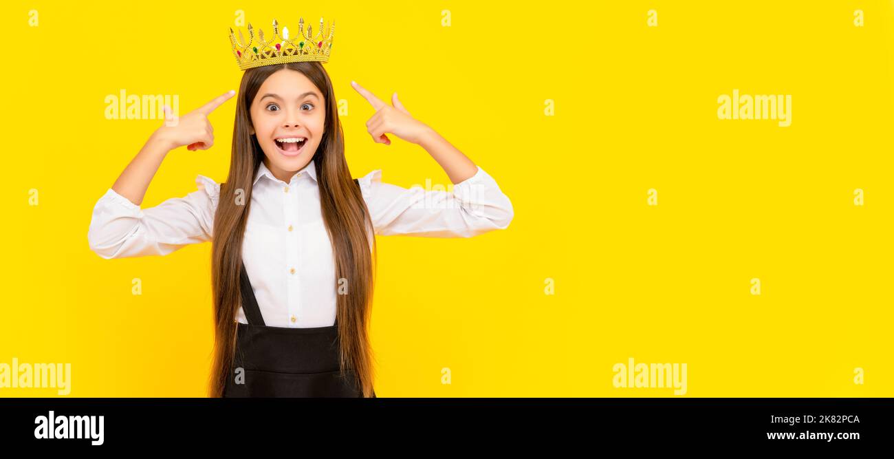 proud teen girl smiling. egoistic child wear diadem. arrogance and ...