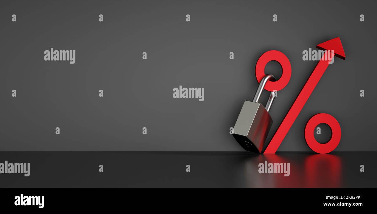 Red percentage icon with upward arrow and lock on black background