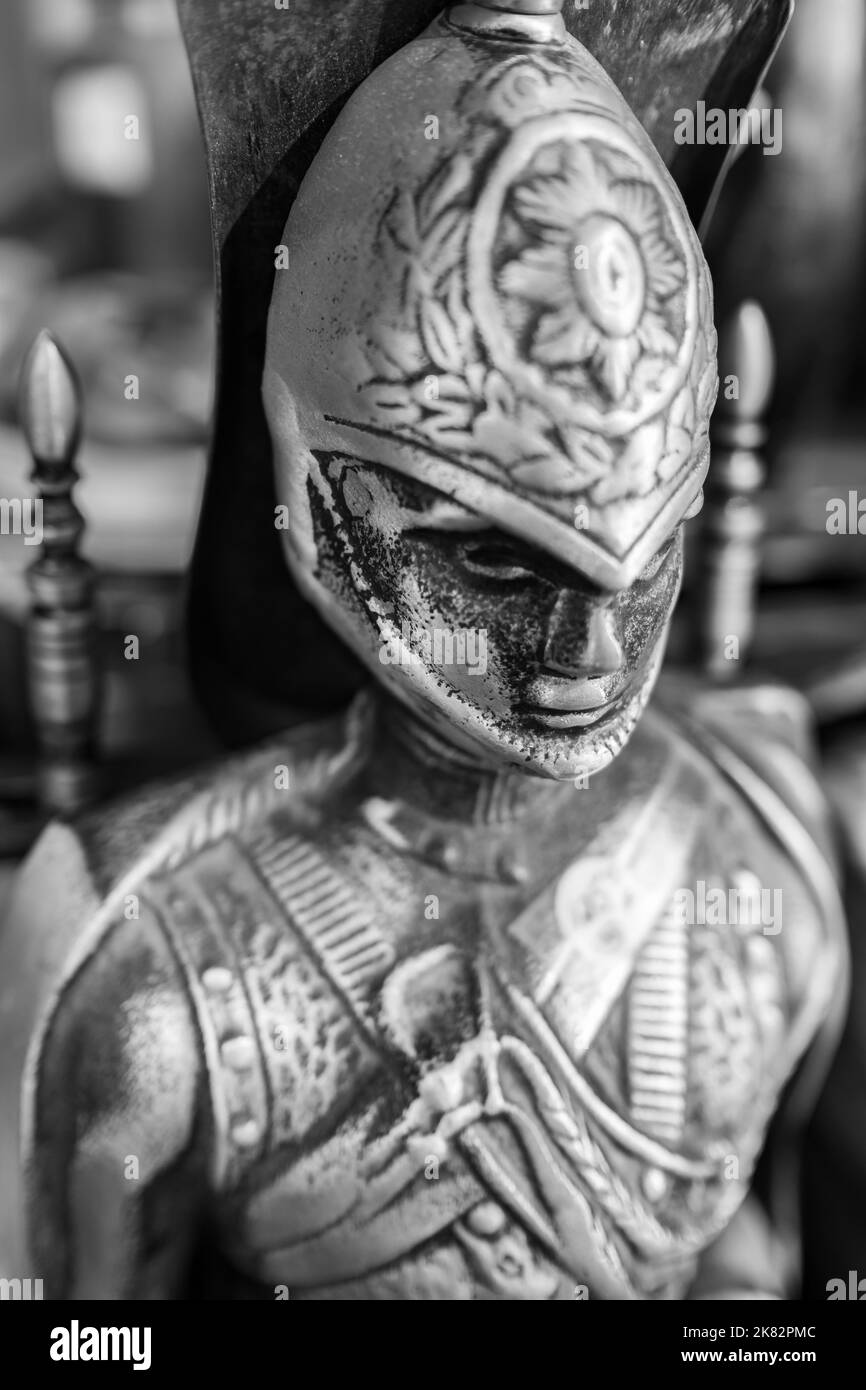 Roman statue solder. Close up a roman warrior solder iron statue. Nobody, selective focus, blurred-October 10,2022-Vancouver BC Canada Stock Photo