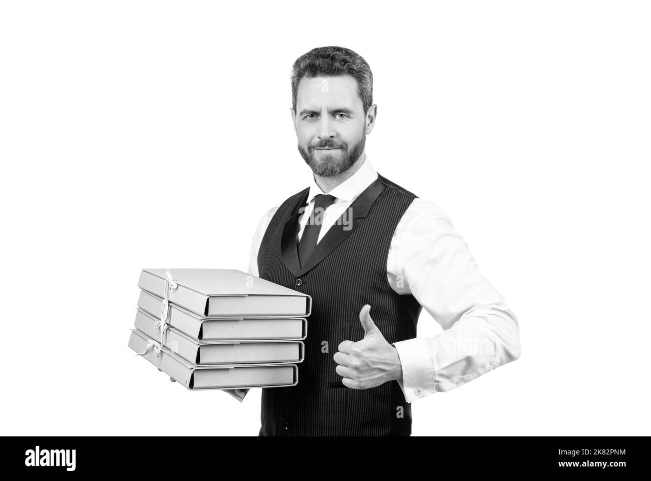 mature boss hold heap of folders showing thumb up, work Stock Photo