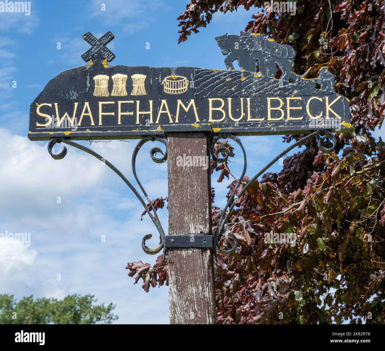 Village name post at Swaffham Bulbeck, East Cambridgeshire, Cambridgeshire, England, UK Stock Photo