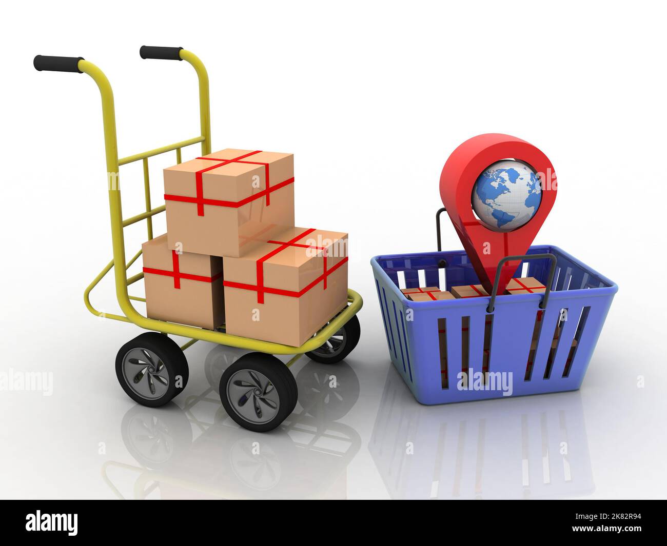 3d rendering Cardboard boxes on basket with navigation sign near
