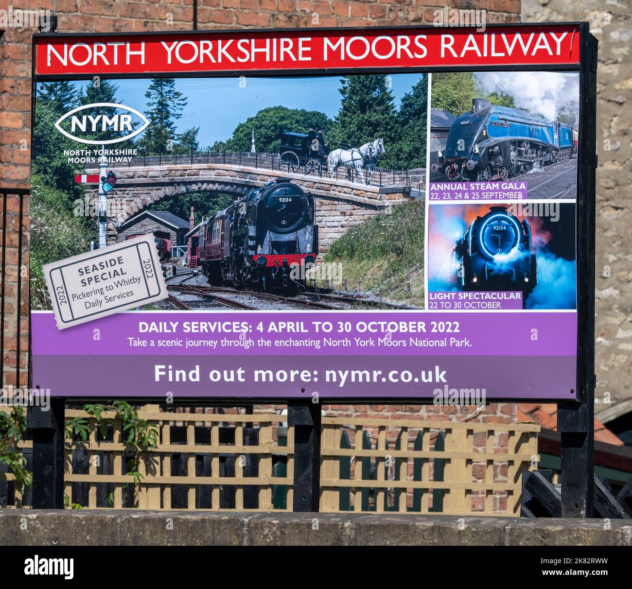 Advertising board at Pickering for The North Yorkshire Moors Railway a heritage railway, North Yorkshire, Yorkshire, England, UK Stock Photo