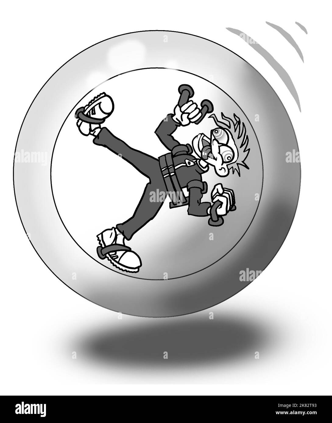 Cartoon art showing a man zorbing. This is the recreation or sport of rolling downhill inside a transparent zorb. It can also be carried out on water. Stock Photo