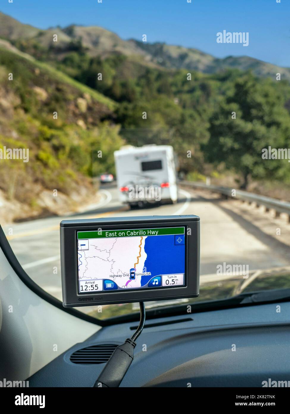 SAT NAV Highway One with white RV on a vacation tour Satellite Navigation screen display of coastal Cabrillo HWY I  Monterey Pacific Ocean California Stock Photo