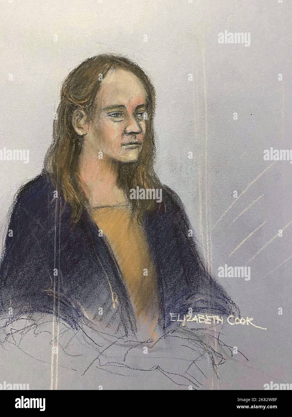 Court artist sketch by Elizabeth Cook of Lucy Letby listening from the dock at Manchester Crown Court where she is charged with the murder of seven babies and the attempted murder of another ten, between June 2015 and June 2016 while working on the neonatal unit of the Countess of Chester Hospital. Picture date: Thursday October 20, 2022. Stock Photo