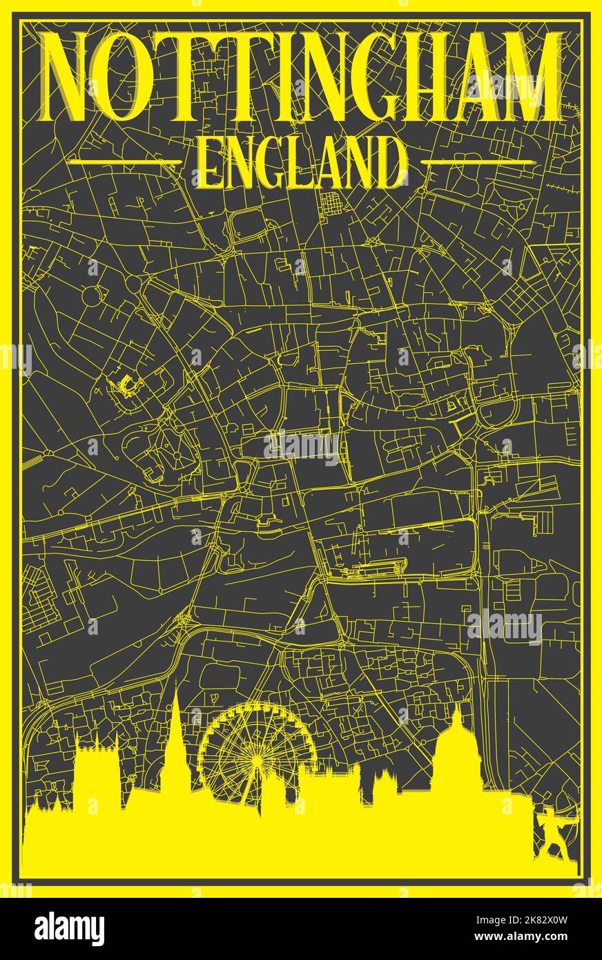 Black and yellow vintage hand-drawn printout streets network map of the downtown NOTTINGHAM, ENGLAND with brown 3D city skyline and lettering Stock Vector