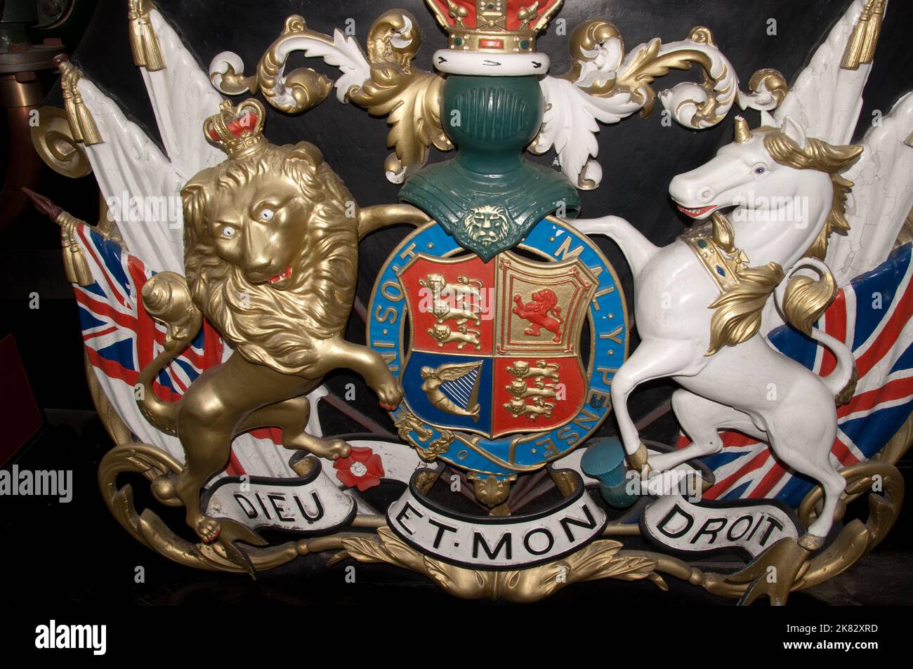 Royal Standard (Coat of arms) on side of Royal Train (museum), Windsor Station, Windsor, Berkshire, UK. Full scale replica of the engine 'The Queen' . Stock Photo