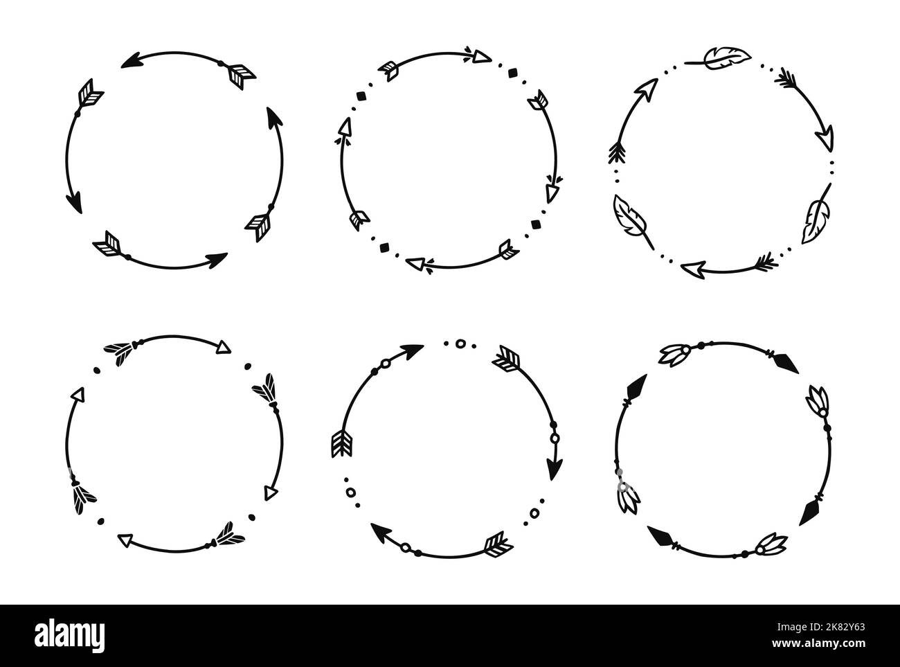 Boho arrow circle frame set. Hand drawn doodle african, aztec rustic ethnic arrow border, ornament circle frame. Tribal boho decor design. Vector illustration. Stock Vector