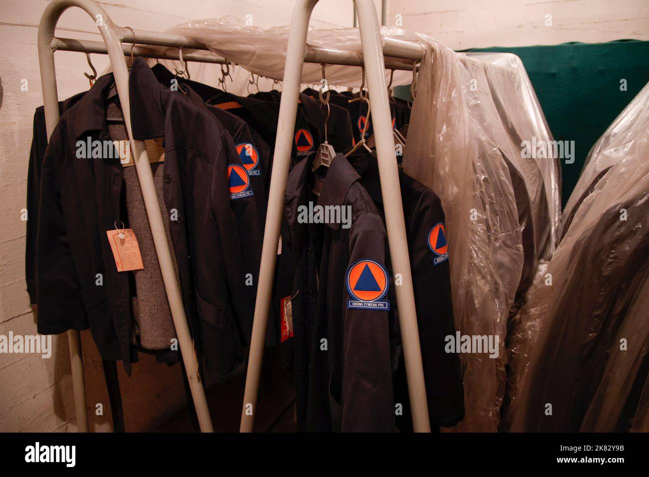 Uniforms of the Soviet era Civial Defence Forces (Obrona Cywilna PRL) are seen in a disused bomb shelter in Warsaw, Poland on 20 October, 2022. Polish Stock Photo
