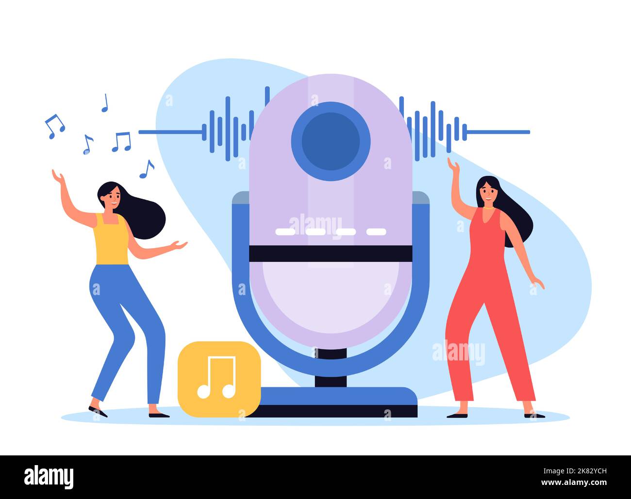 Interactive smart speaker content. Little female characters dancing near device. Cartoon voice command assistant playing music Stock Vector