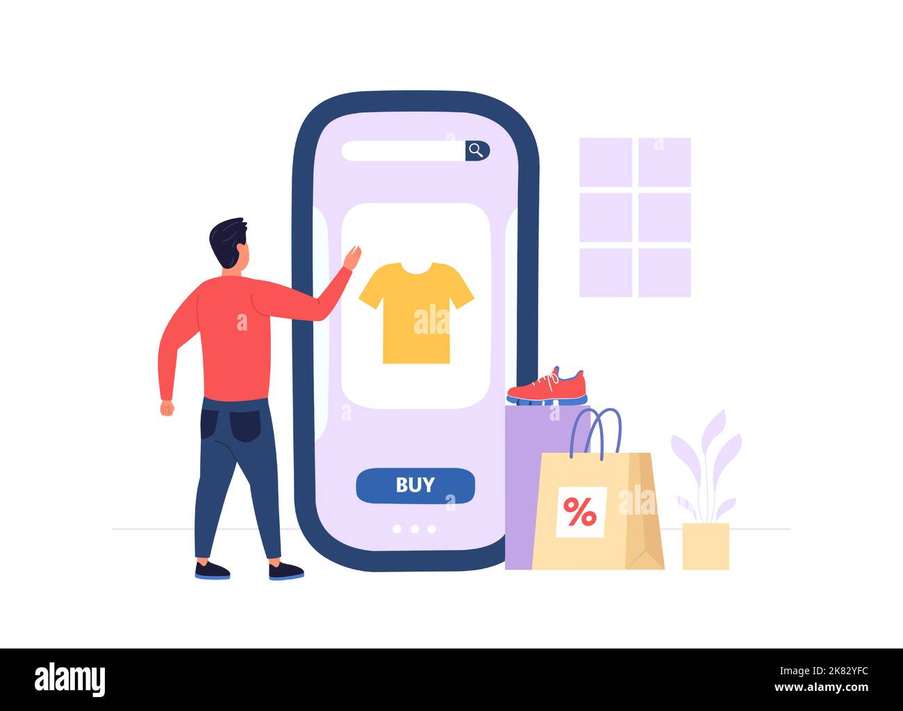 Online shopping. Male character choosing t-shirt on smartphone screen. Man doing digital payments with smartphone Stock Vector