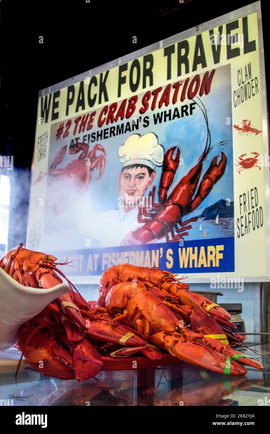 FISHERMANS WHARF Freshly cooked steamed lobsters for sale at Fisherman