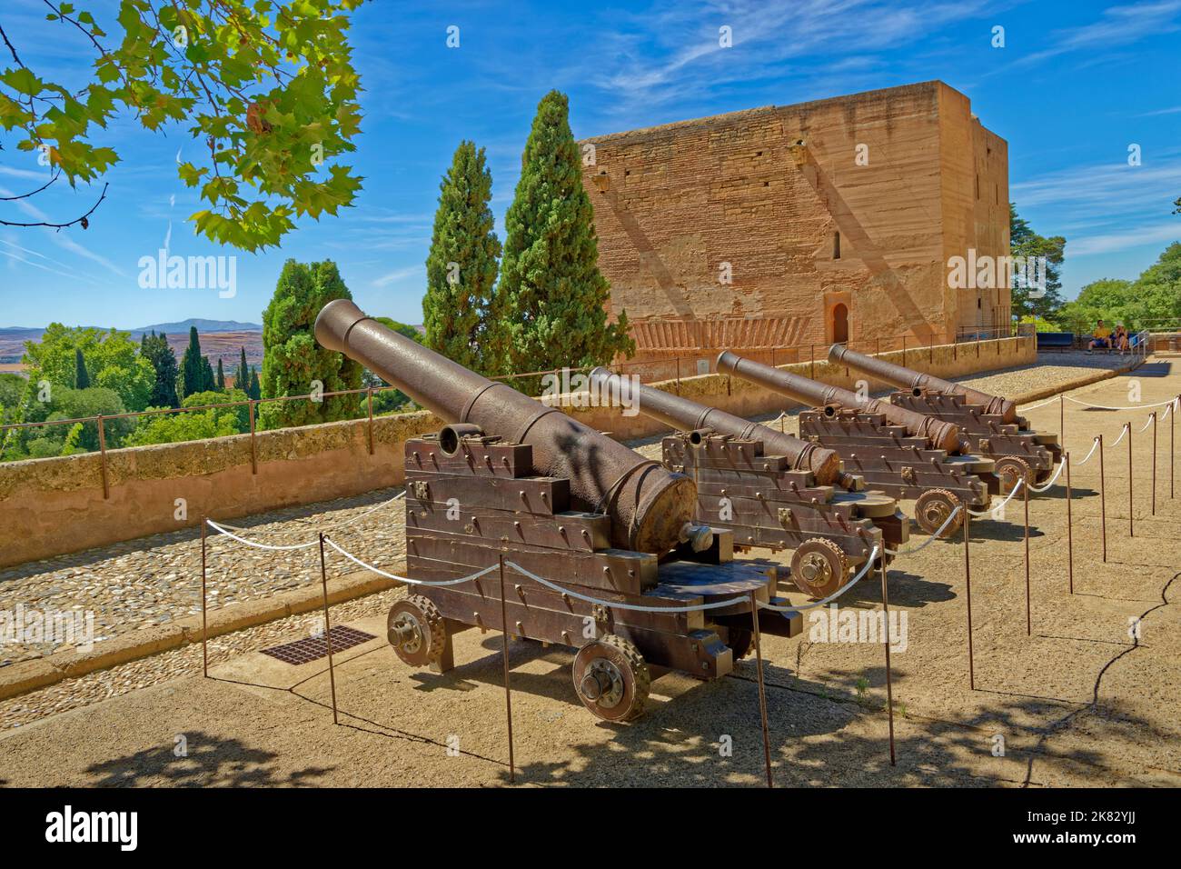 Cannons on the concourse of the Palace of Charles 5th of Spain situated within the Nasrid Palace complex at Granada, Spain. Stock Photo