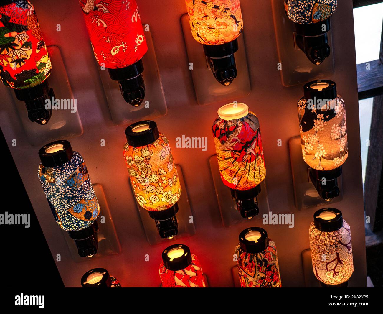 Japanese lanterns display, small paper hand painted oriental themed lit