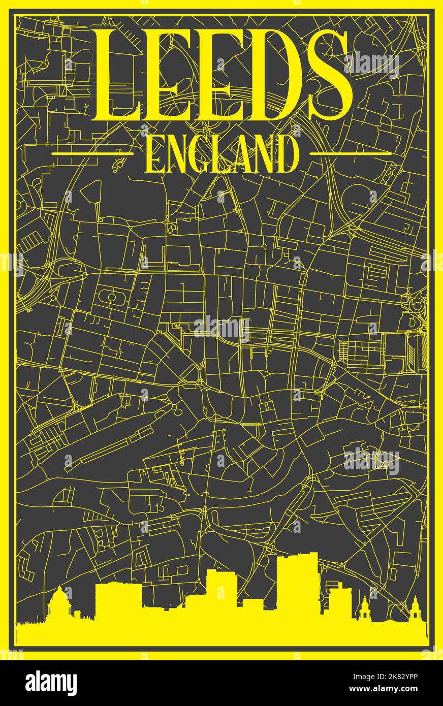Black and yellow vintage hand-drawn printout streets network map of the ...