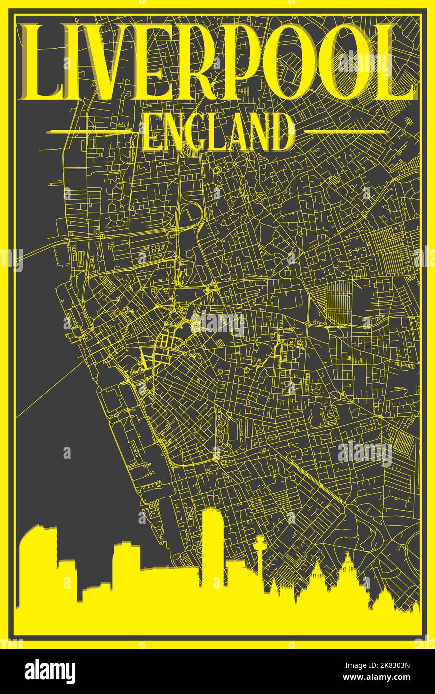 Black and yellow vintage hand-drawn printout streets network map of the ...