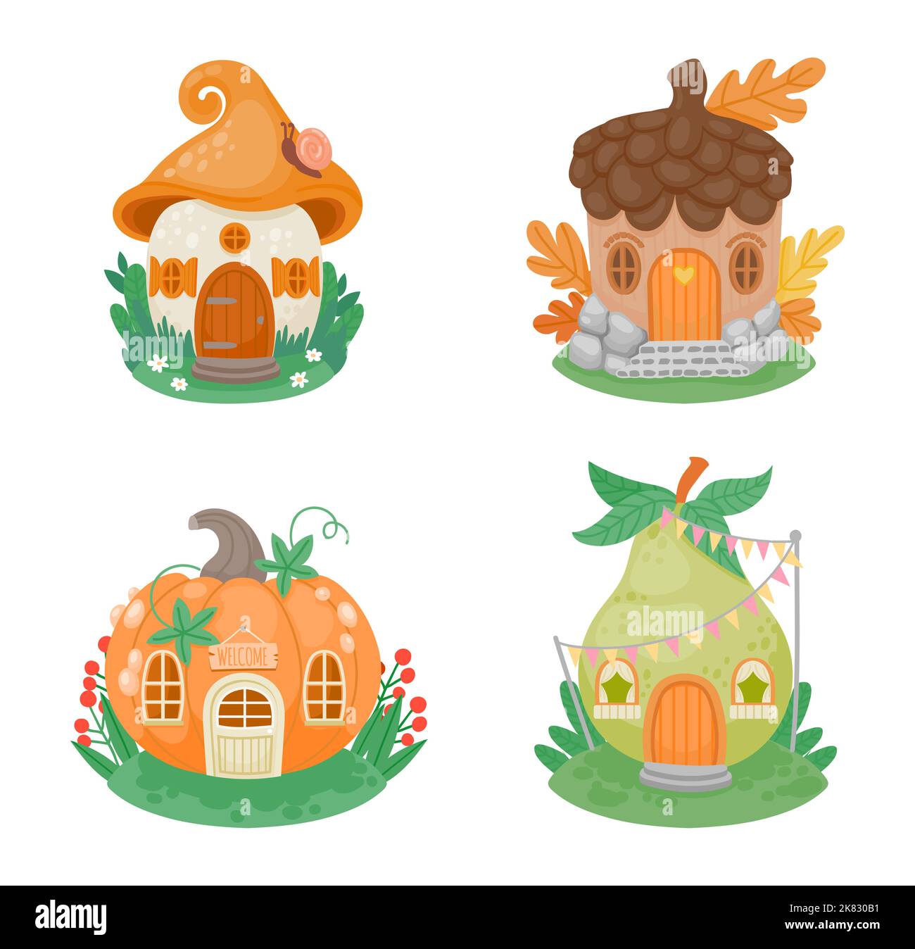Cartoon little fantasy houses. Cute small gnome buildings in shape of mushroom, pumpkin, pear and acorn on green lawn Stock Vector