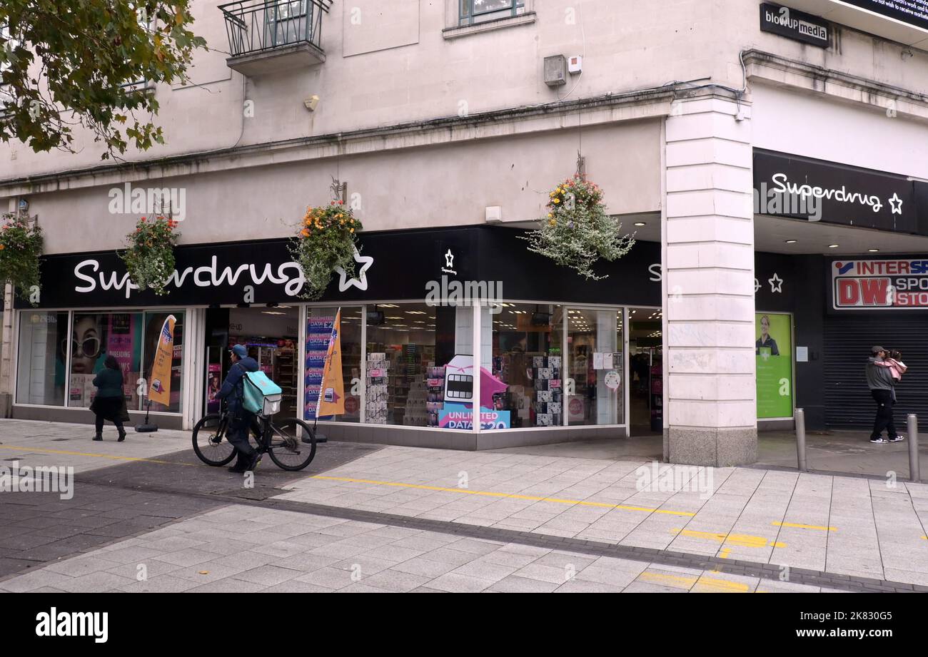 Shops and restaurants in Cardiff city centre. The Superdrug shop on