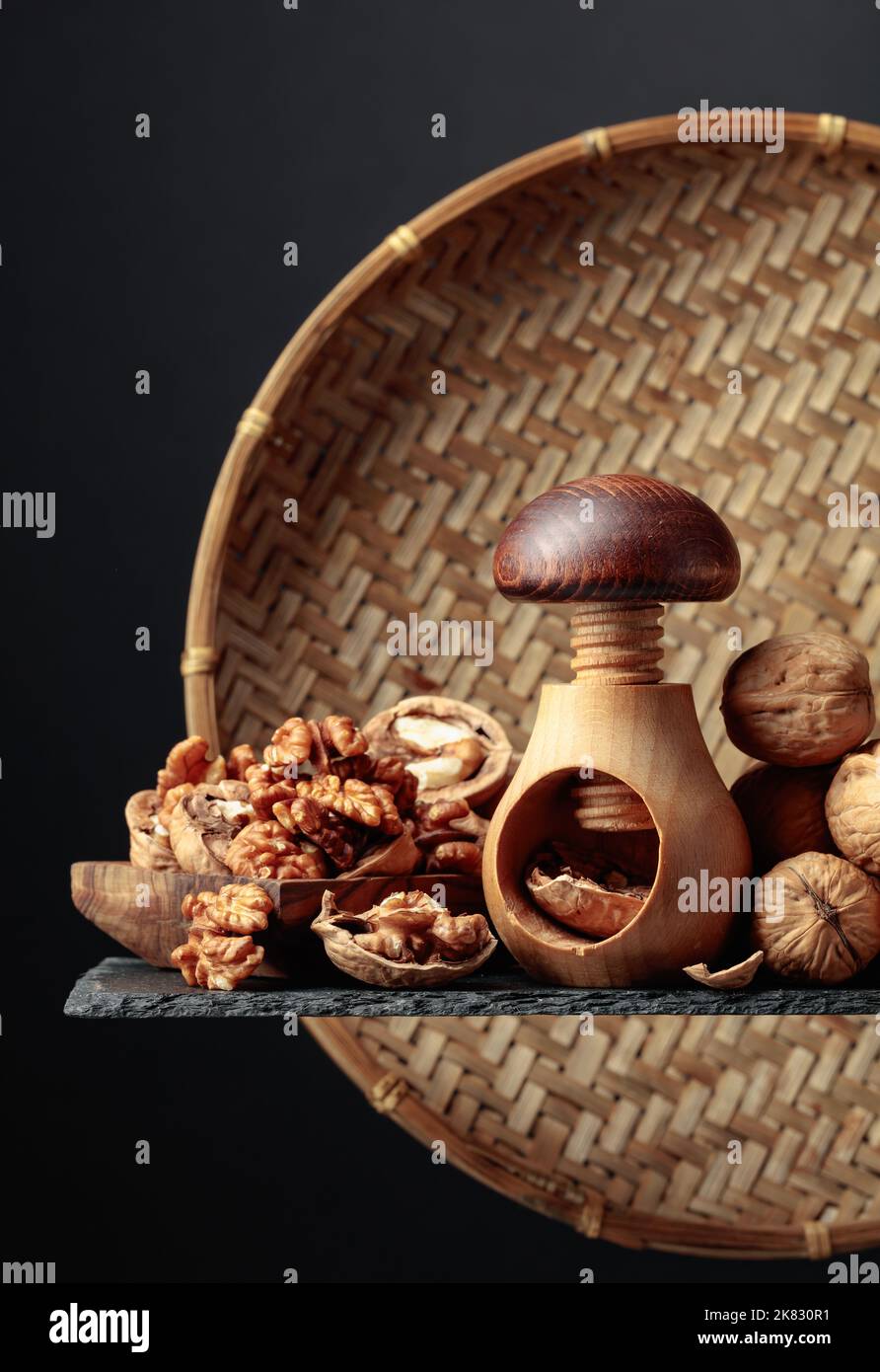 Walnuts on a black background. Copy space. Stock Photo