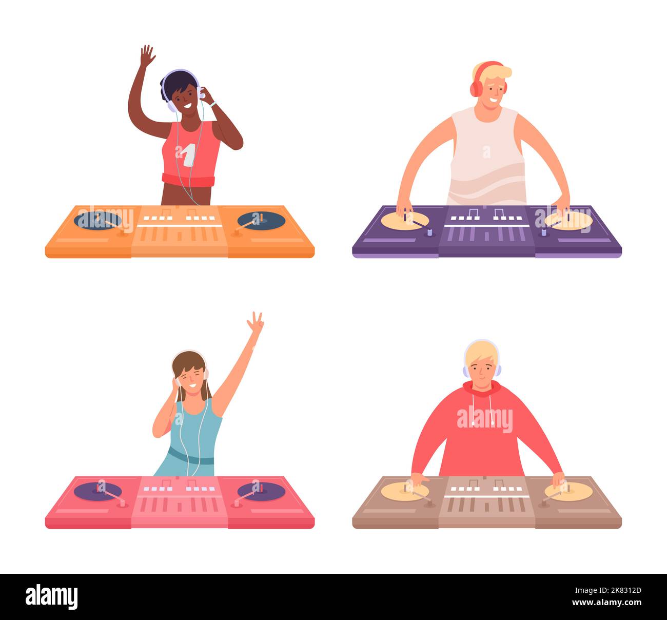 Dj characters at console. Woman and man musicians in headphones playing music at party. Female and male characters Stock Vector