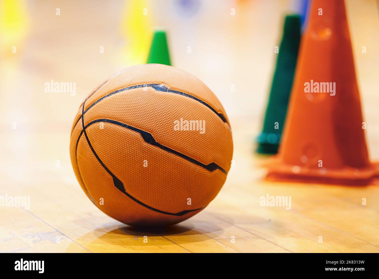 Basketball Training Game Background. Basketball on Wooden Court Floor