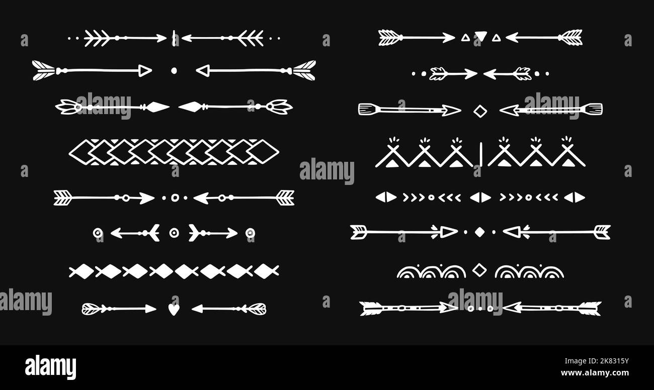 Mexican arrow hand drawn chalkboard element set. African, aztec rustic ethnic arrow, ornament divider. Tribal boho decor design. Vector illustration. Stock Vector