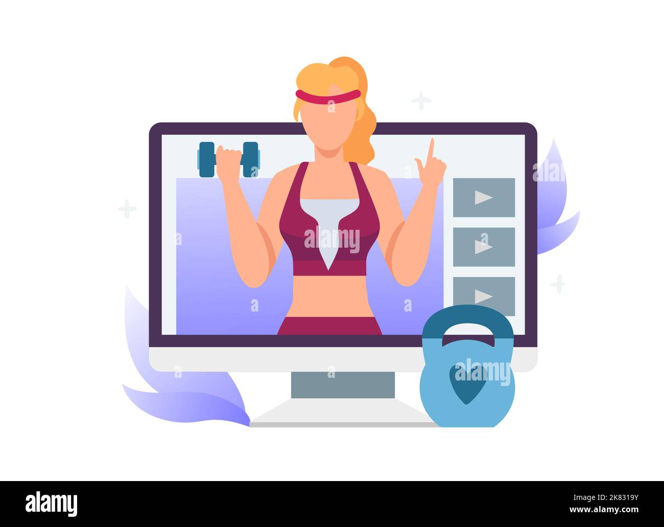 Fitness video blogger on computer screen. Woman doing online training with dumbbell. Female character lifting weight Stock Vector