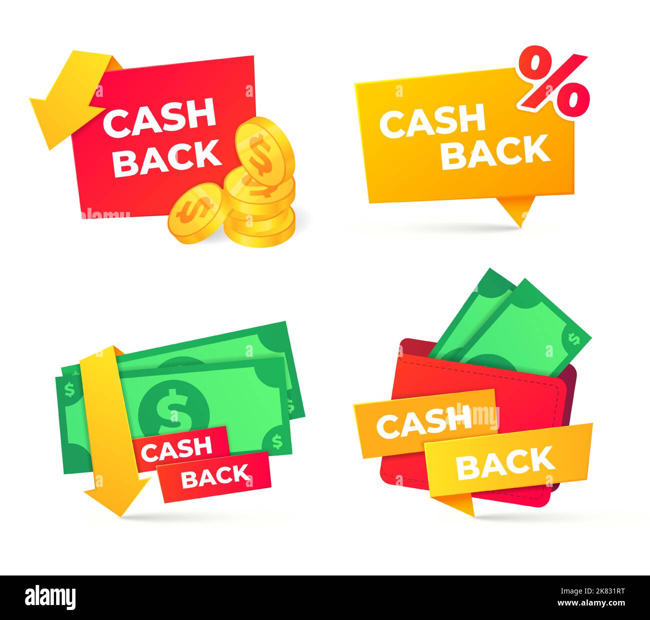 Cashback badges. Wallet with dollar banknotes, paying online and receiving money back service. Money returning label Stock Vector