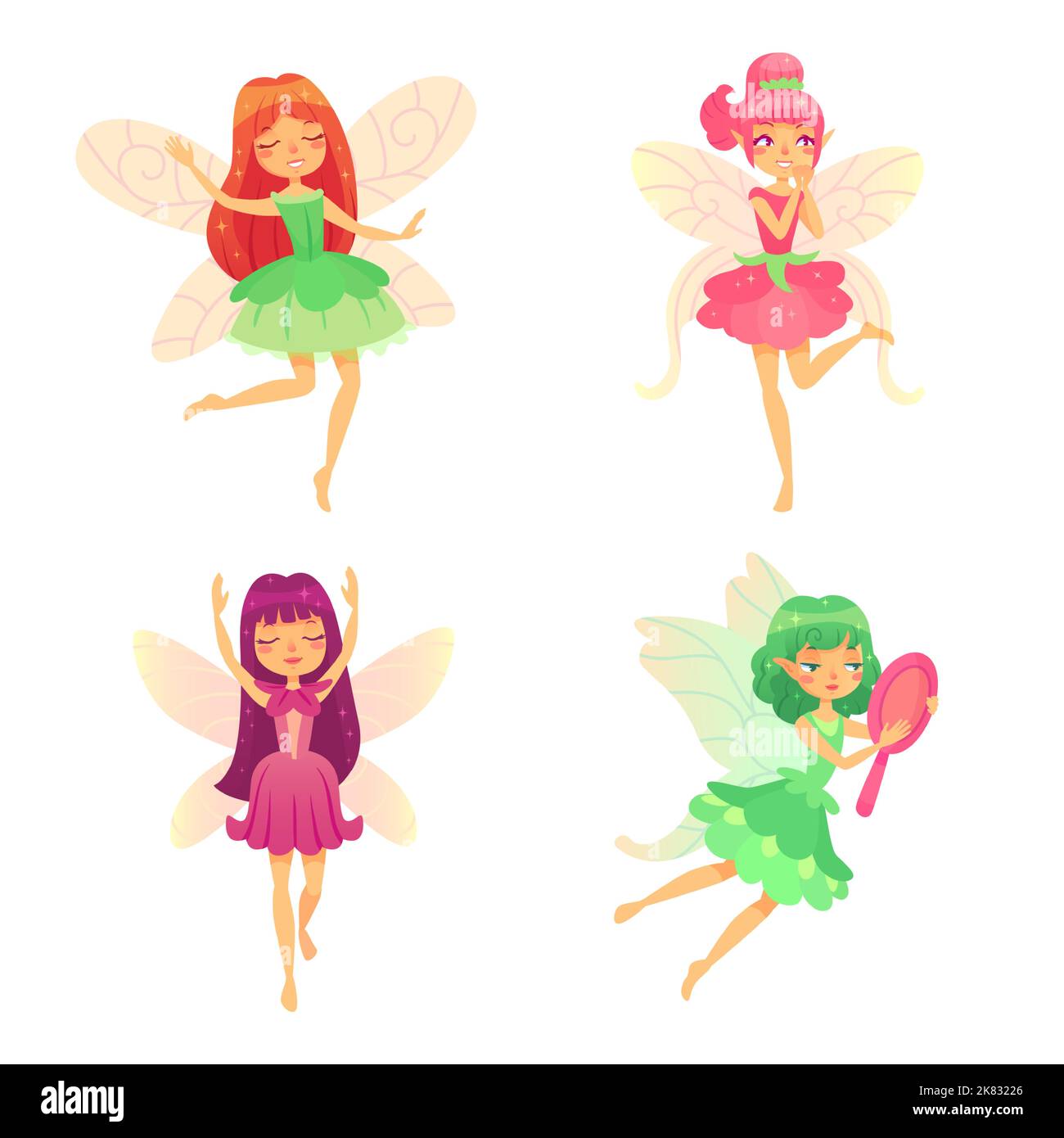 Cartoon fairy girls. Mythological girls in various colorful dresses, magical creatures with wings. Flying pretty female characters Stock Vector