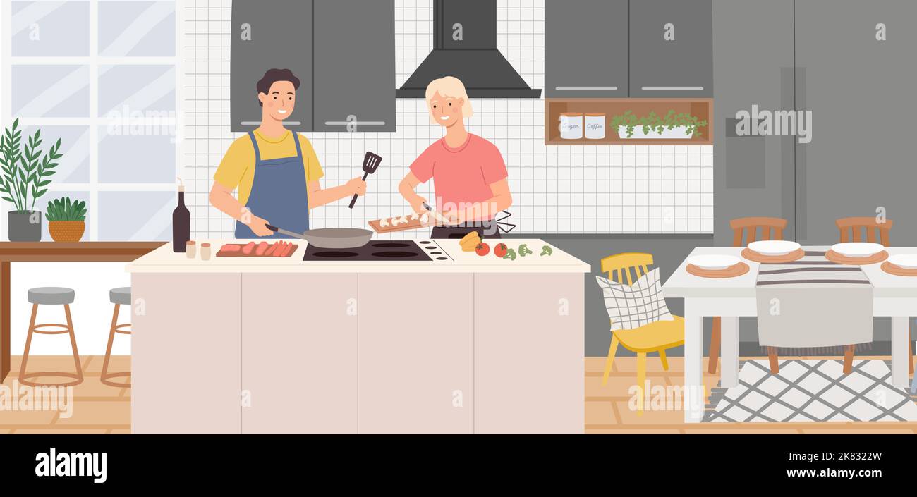 Family cooking at home. Man and woman frying mushrooms, sausages and vegetables. Couple making dinner Stock Vector
