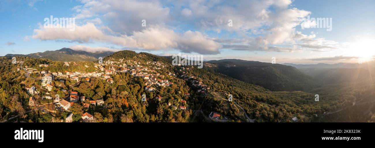 Aut View Greece, mountain village Kosmas aerial panoramic view, Peloponnese ...