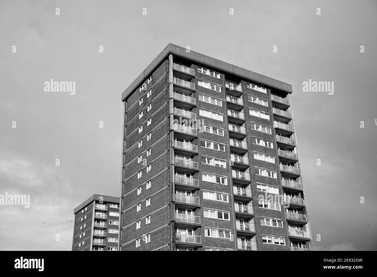 Council flats in poor housing estate with many social welfare issues in LInwood Stock Photo