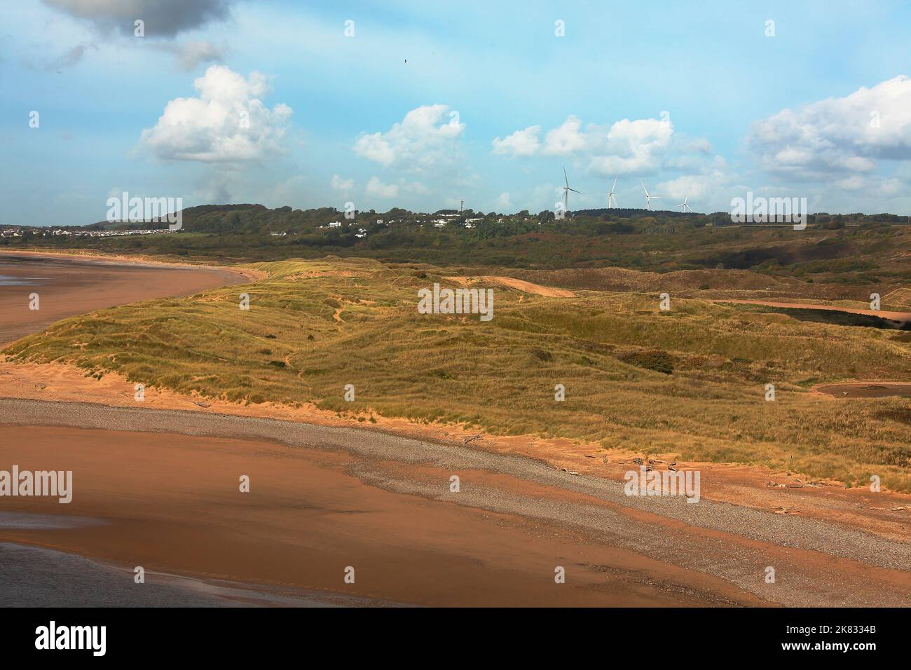 Overview of Merthyr Mawr sand dunes near Bridgend with plenty of walking trails and beautiful beaches as well as occasional horses galloping across. Stock Photo