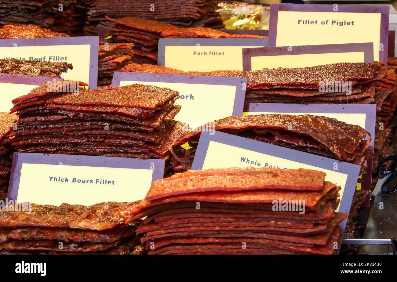 Different kind of chinese sweet beef and pork jerky or Bak Kwa in shop