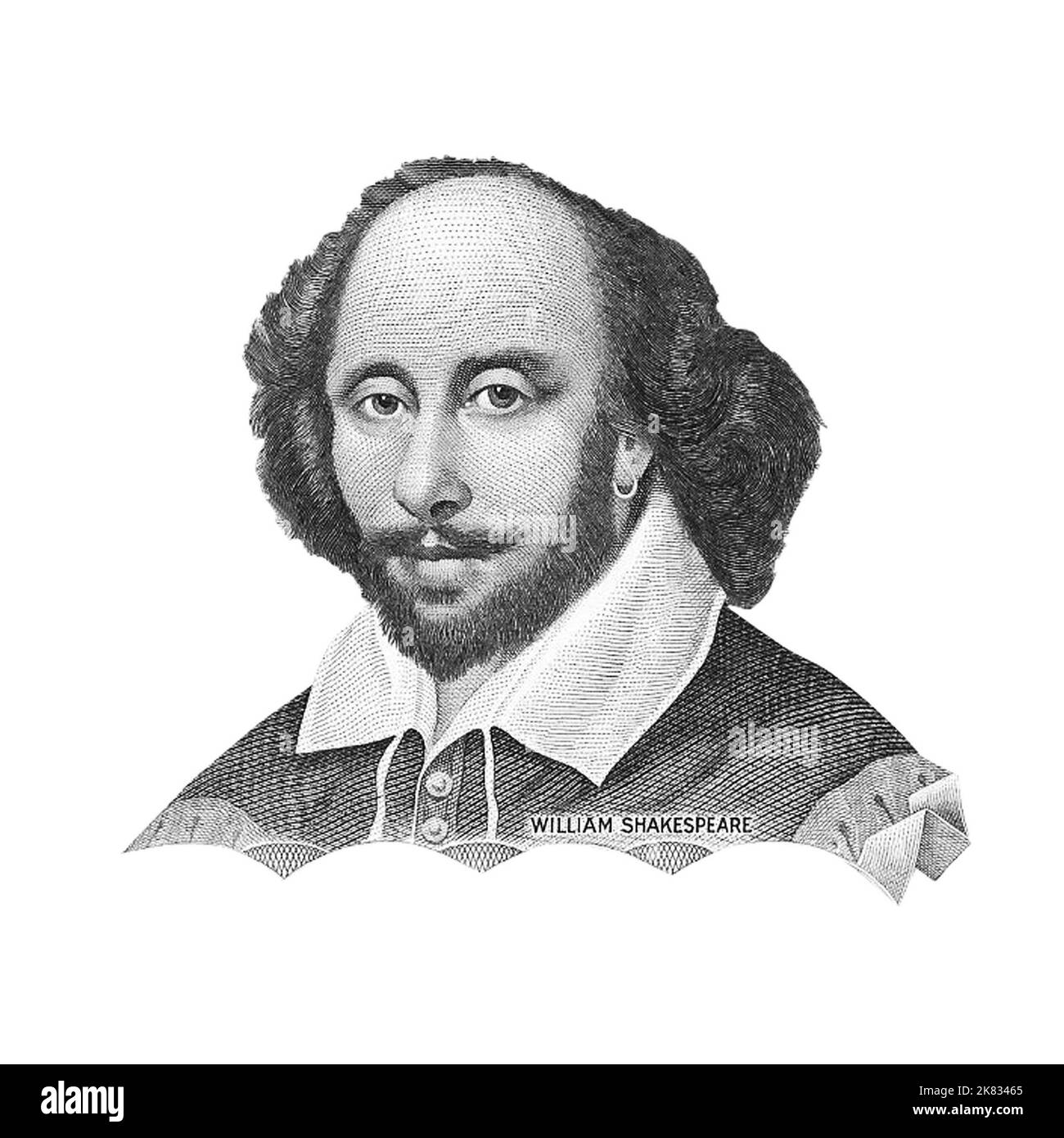 Portrait of English playwright, poet and actor William Shakespeare isolated on black and white. Fragment banknote Stock Photo