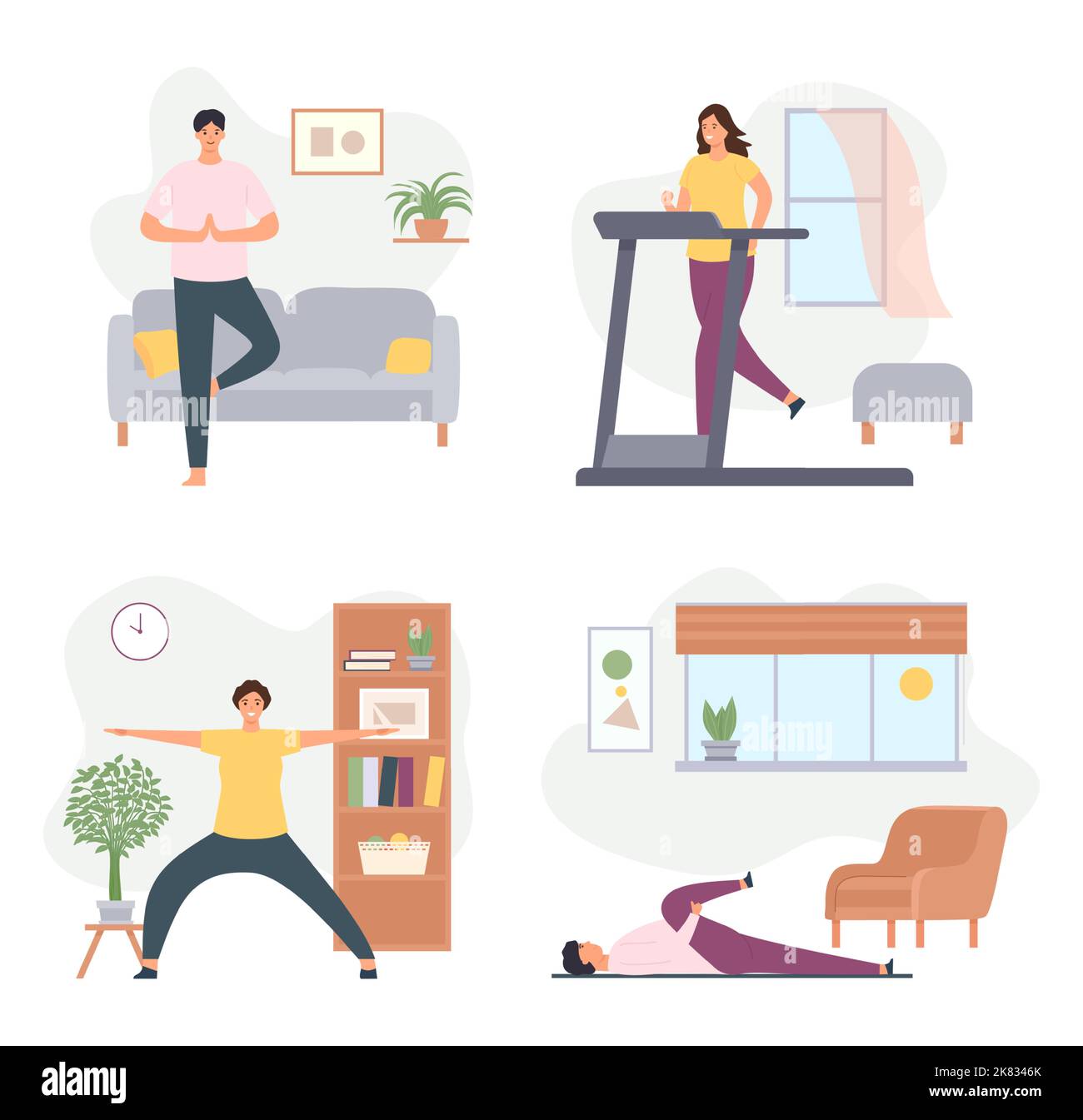 Home exercises. Male and female characters doing yoga. Woman training on treadmill, man stretching. Healthy lifestyle Stock Vector