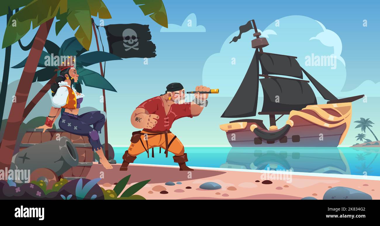 Pirates on tropical island. Sea landscape with pirate ship and male character looking at spyglass. Cartoon woman sitting on wooden barrel Stock Vector