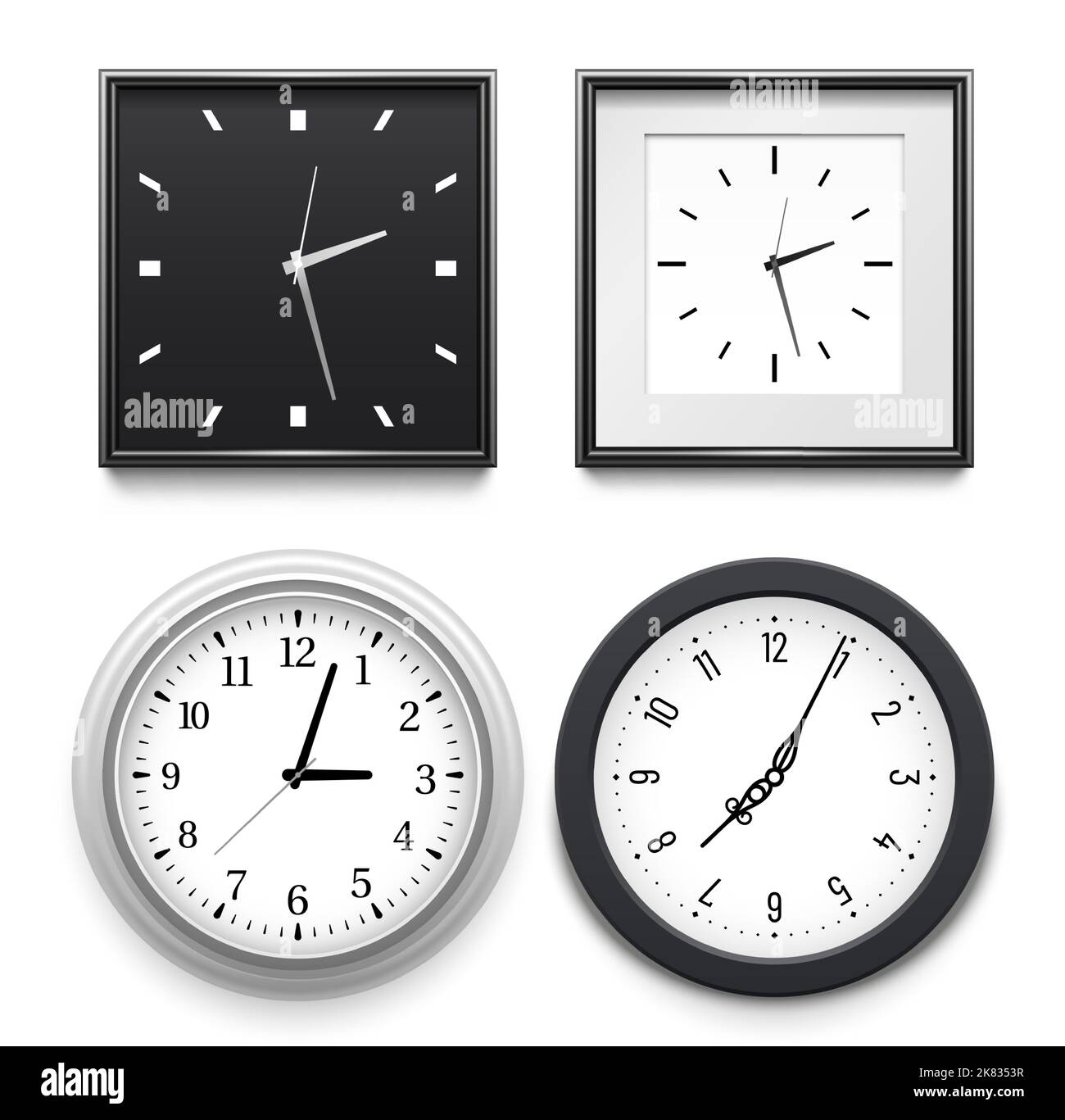 Realistic clocks hanging on wall. Round and square classical clocks in black and silver frames. Dial with digits and without Stock Vector