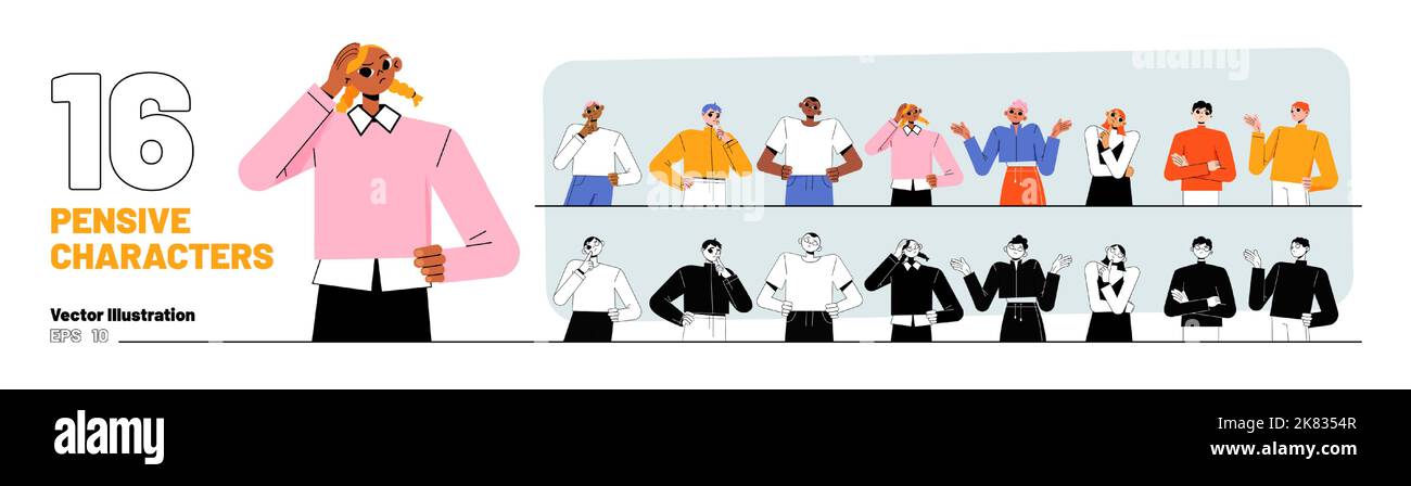 Set of 16 pensive characters isolated on white background. Flat vector illustration of color and black and white young men, women thinking, making dec Stock Vector