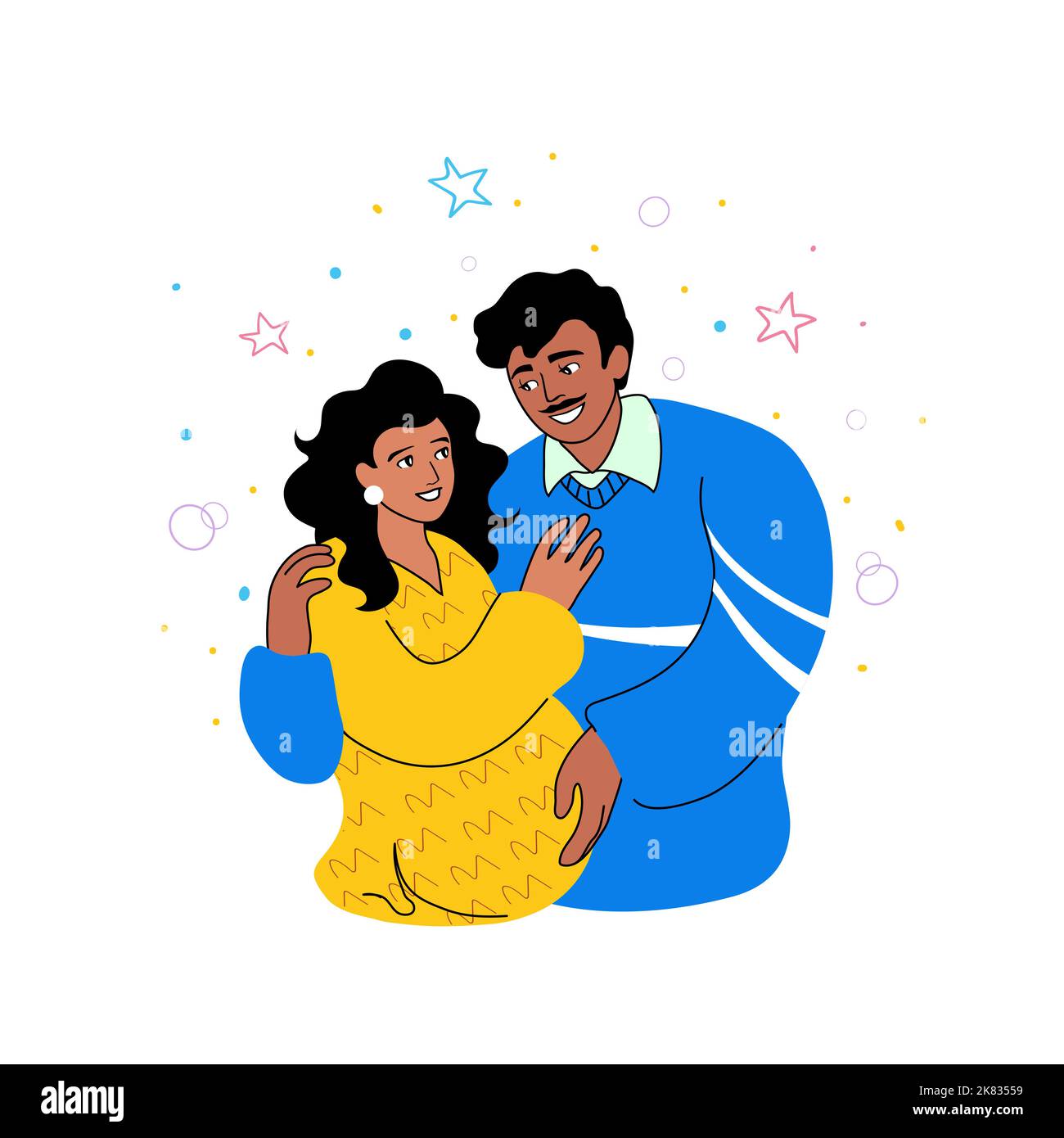 Smiling young Latin American Hispanic family couple, future parents. Husband with moustache, gentle hand on the belly of his wife. Parenthood concept Stock Vector