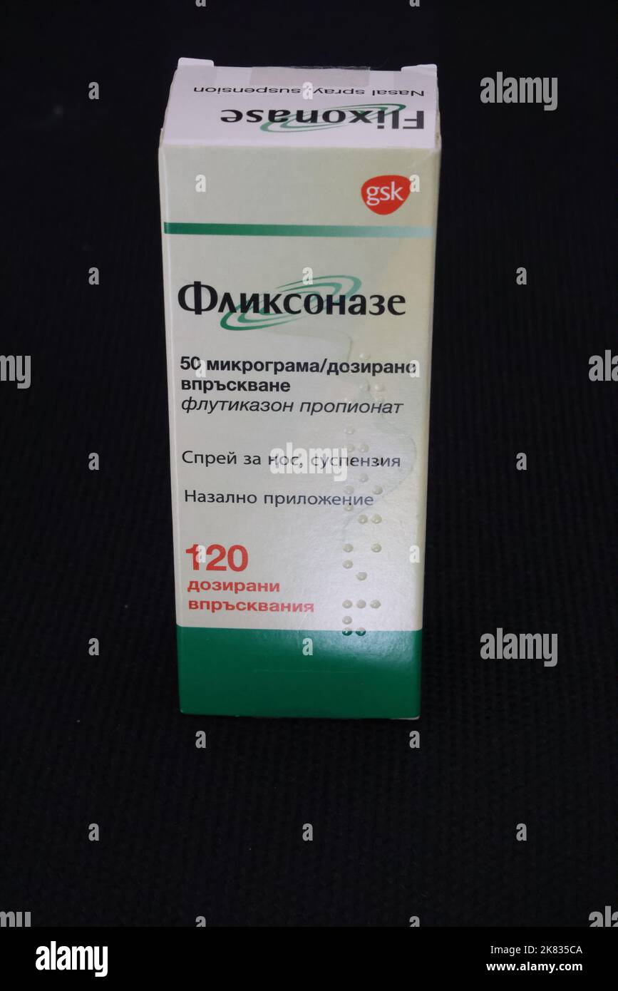 Photo of package of fluticasone propionate (a glucocorticoid) nasal spray with local name Flixonase from Bulgaria by GSK Stock Photo