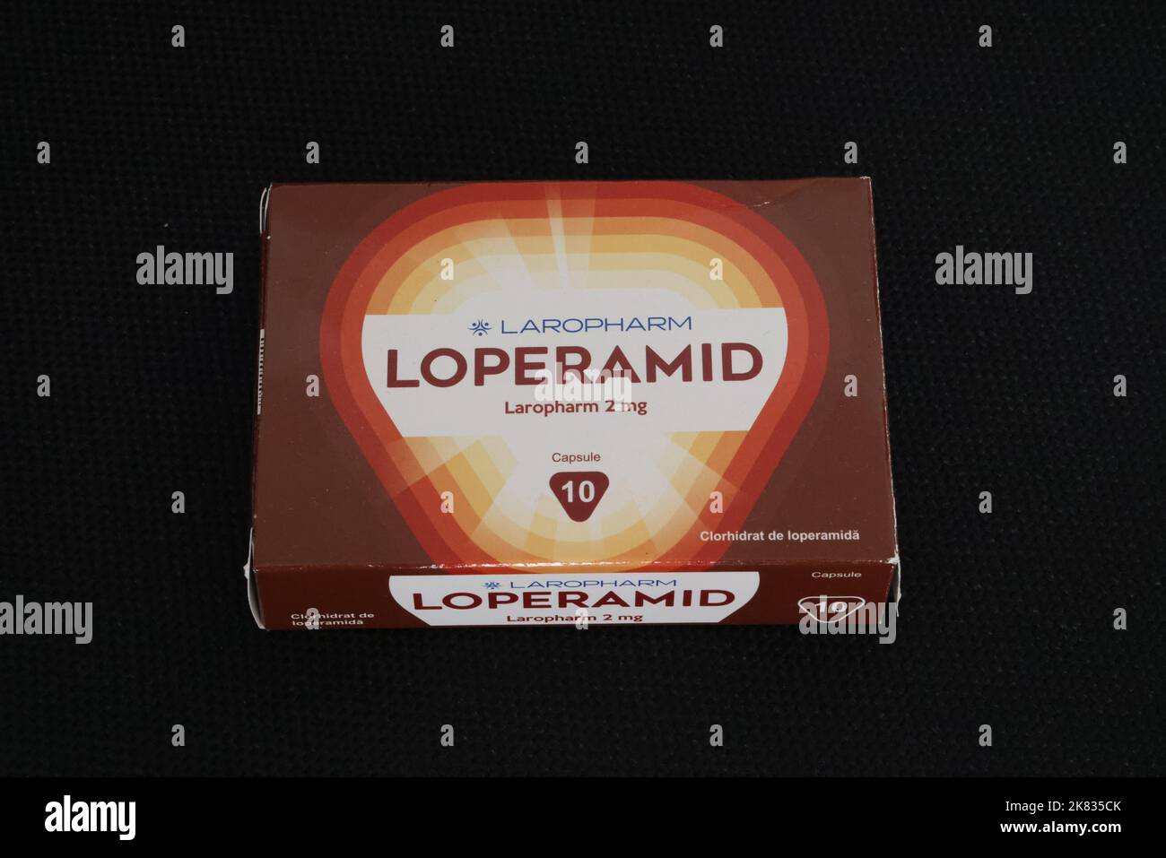 Photo of package of loperamide ('loperamid' in Romanian), a medication used to decrease the frequency of diarrhea, by Laropharm Stock Photo