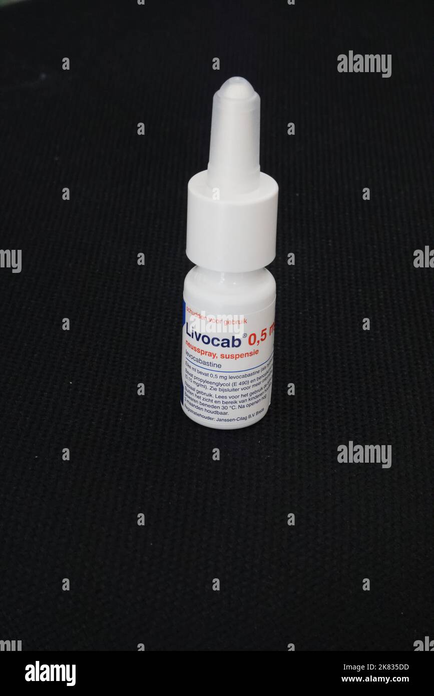 Photo of levocabastine nasal spray (brand name Livocab), by Janssen Pharmaceuticals (Johnson & Johnson) Stock Photo