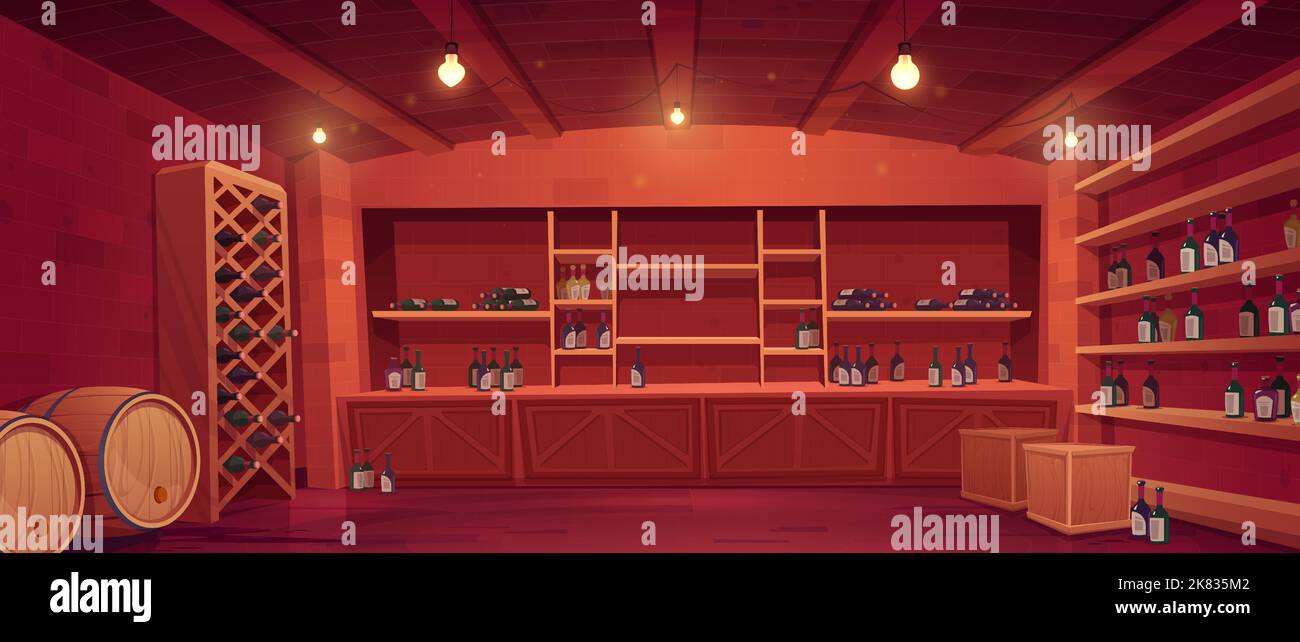 Wine shop, cellar interior with bottles on wooden shelves and rack