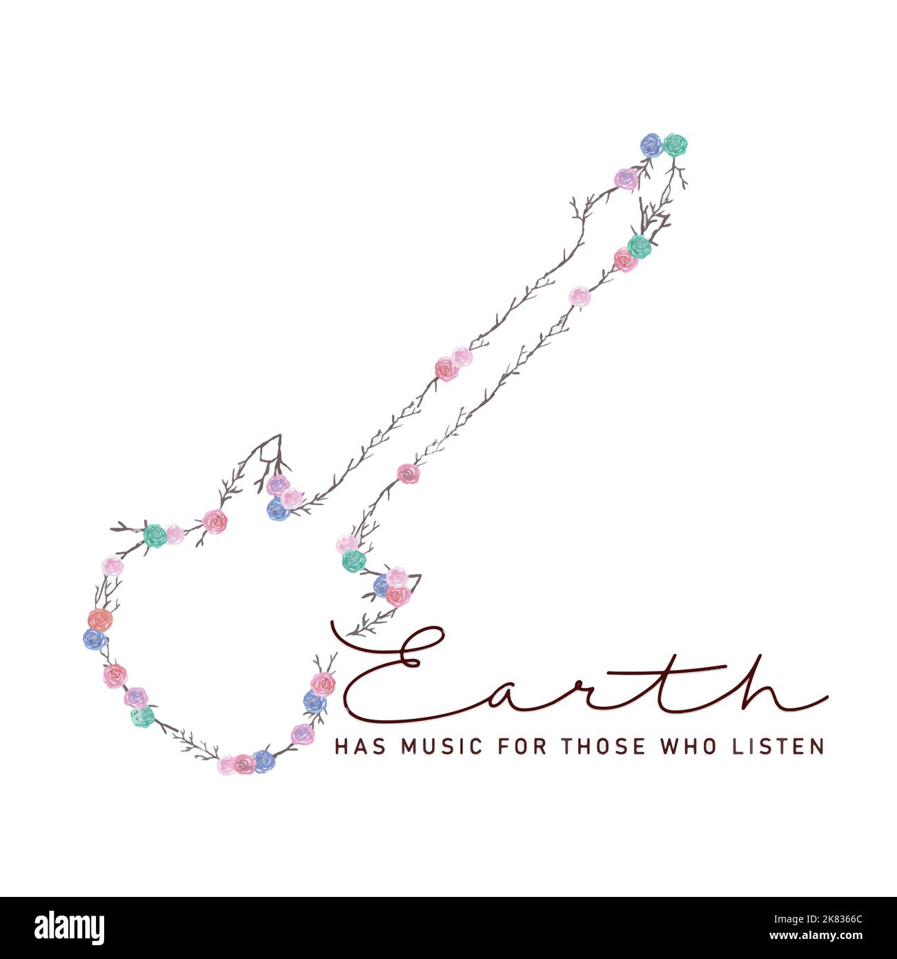 Guitar with leaves and twigs watercolor floral quote Stock Vector