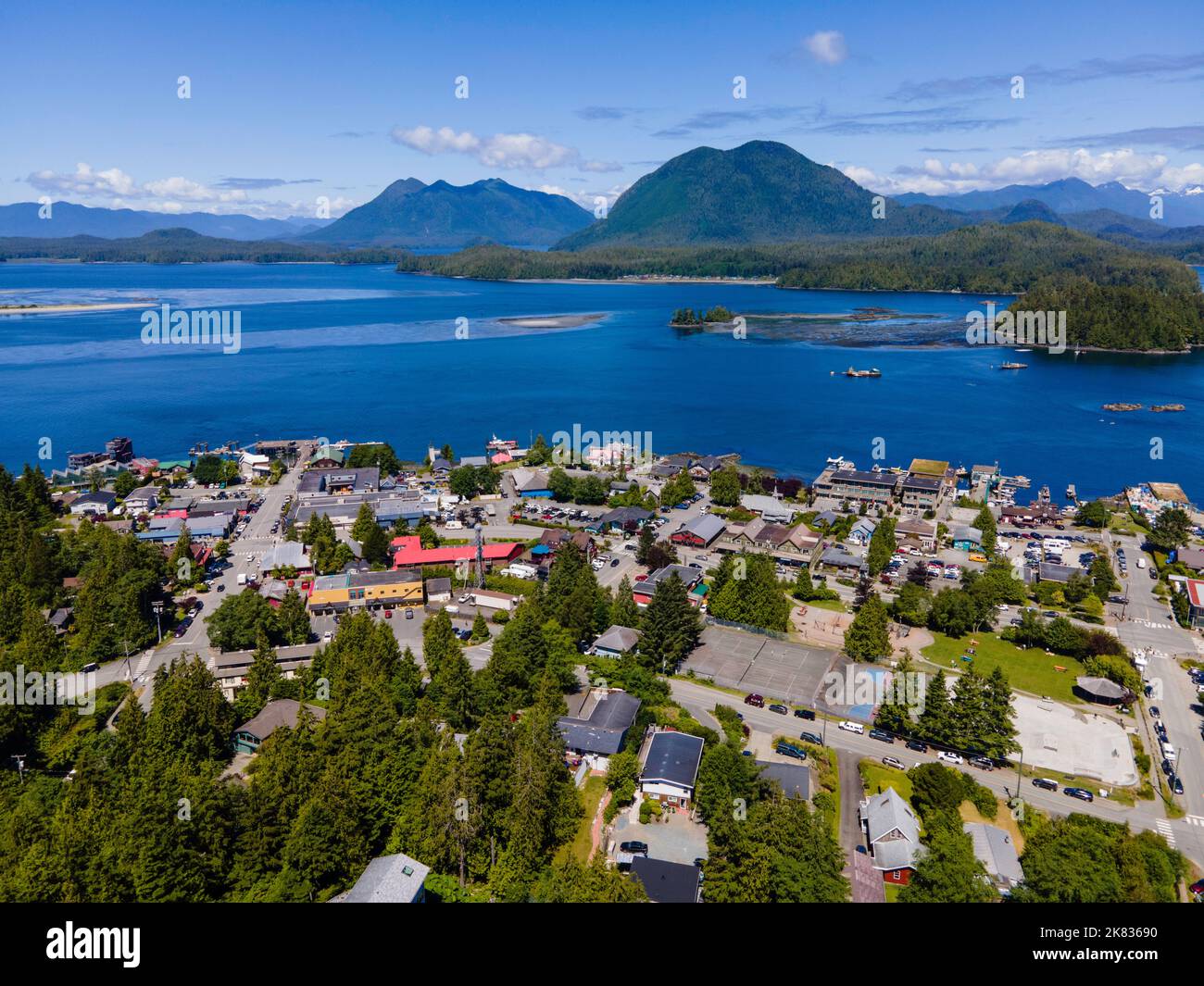Aerial photograph of Tofino on a beautiful summer morning. Tofino