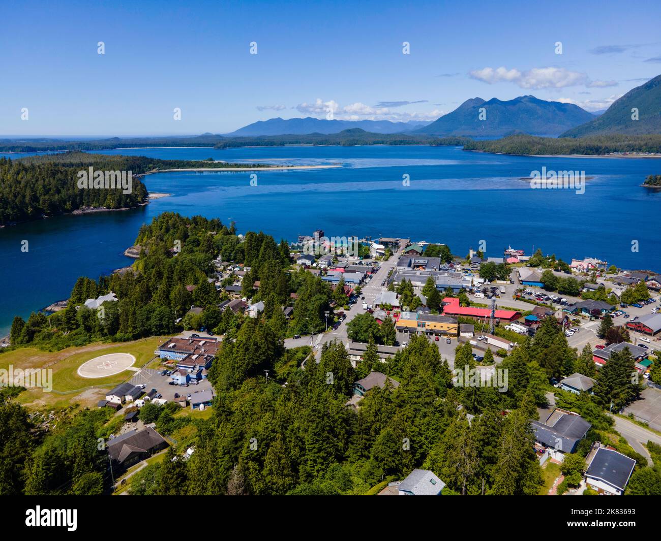 Aerial photograph of Tofino on a beautiful summer morning. Tofino