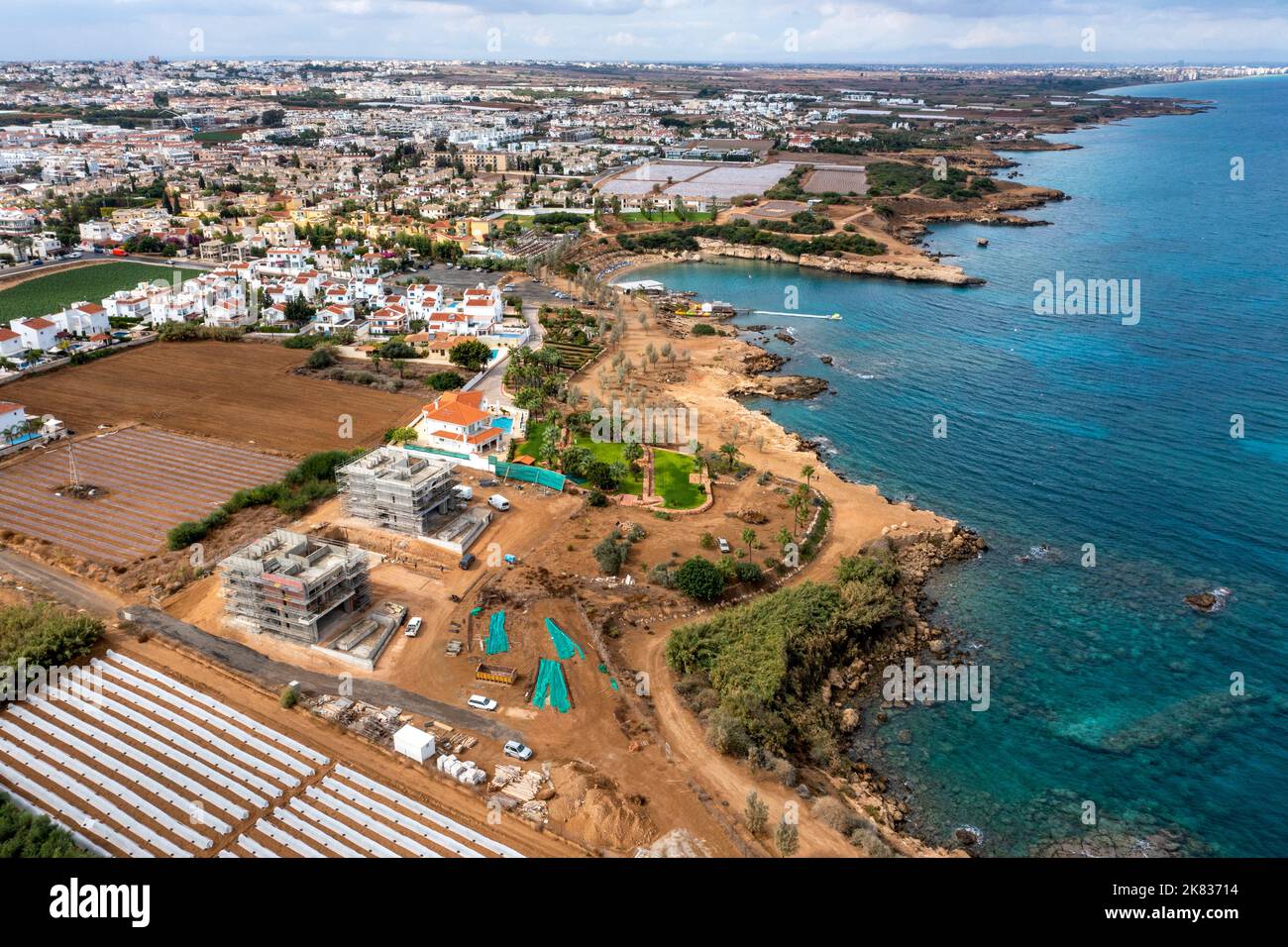 Aerial view of Agia Triada beach the coastline looking north from Paralimni, Cyprus. Stock Photo